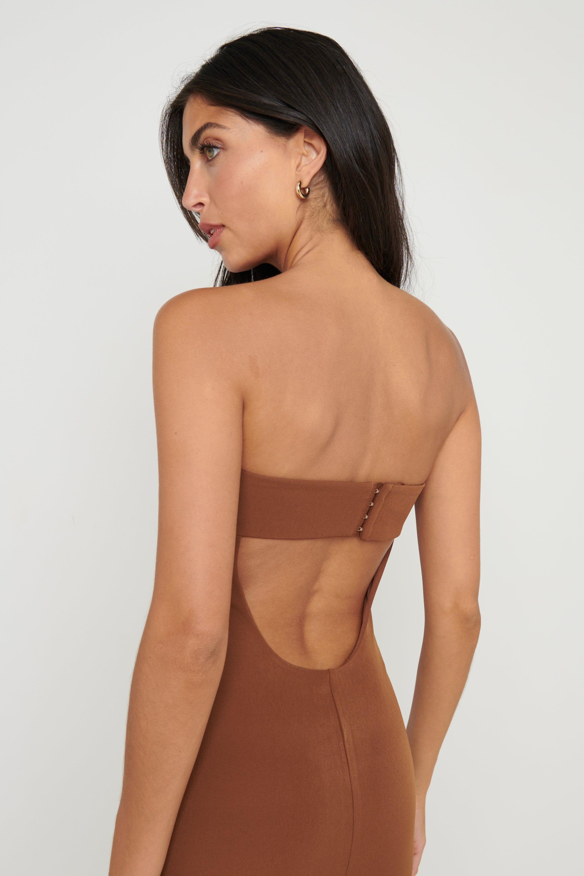 Pretty Lavish Ari Cut Out Back Bandeau Dress in Brown | Lyst
