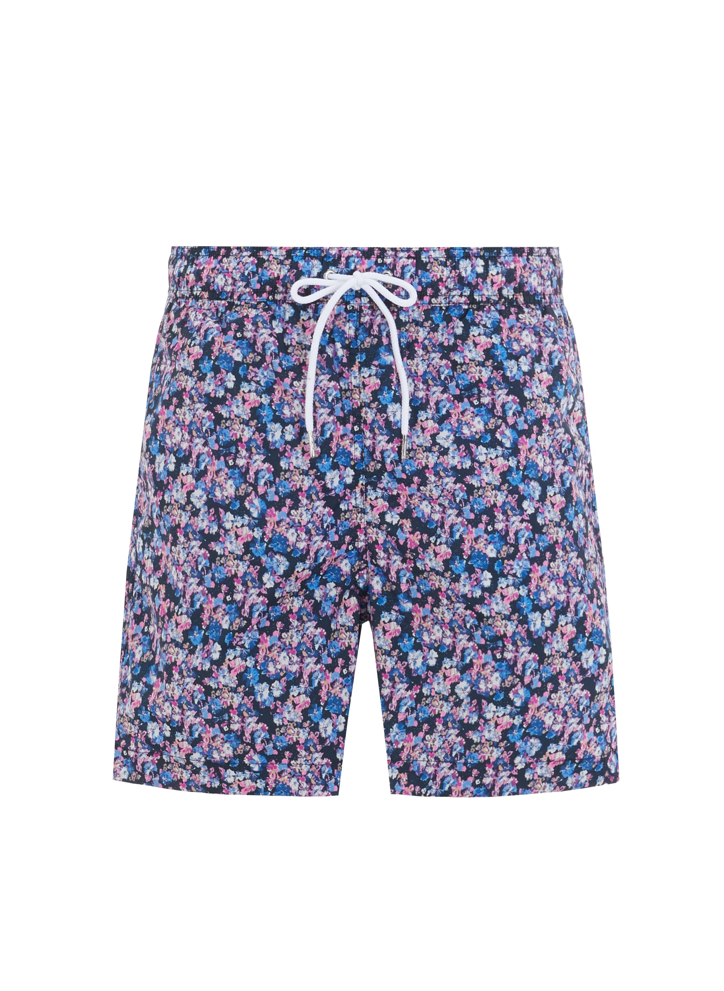Short De Plage Homme Imprimé Fleurs Violettes Et Bleu Sarcelle - Taille élastique, Séchage Rapide, Poches
