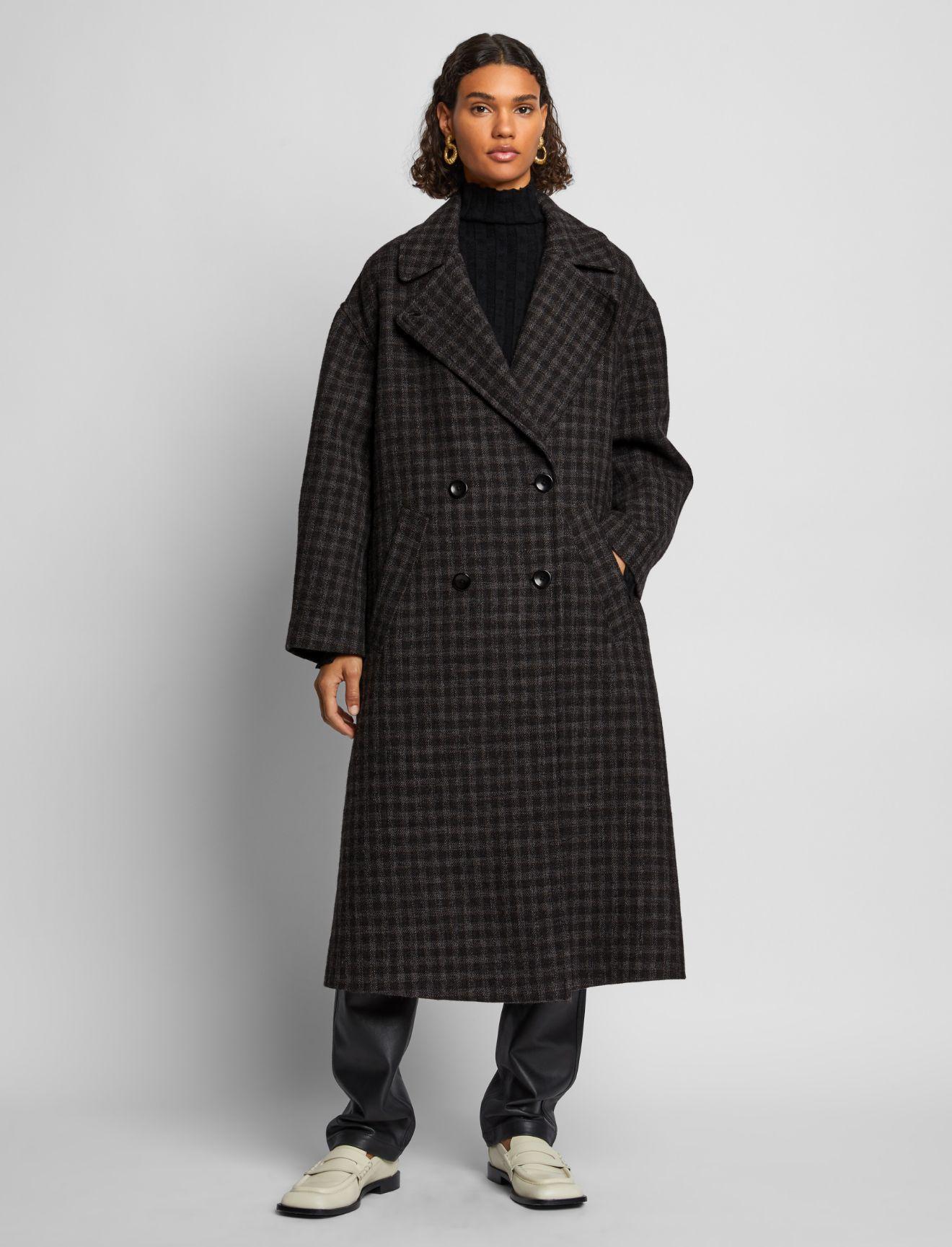 black and white check long coat