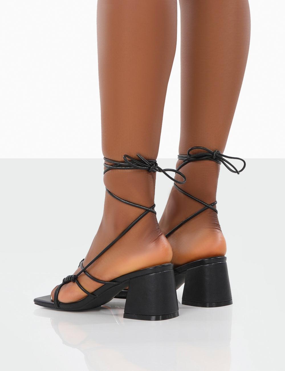 Public Desire Synthetic Fanatic Black Pu Square Toe Lace Up Block Mid  Heeled Sandals | Lyst