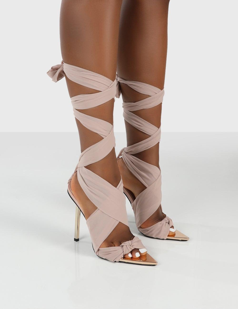 Public Desire Synthetic Huni Nude Ribbon Tie Up Gold Stiletto Heels in  Natural - Lyst