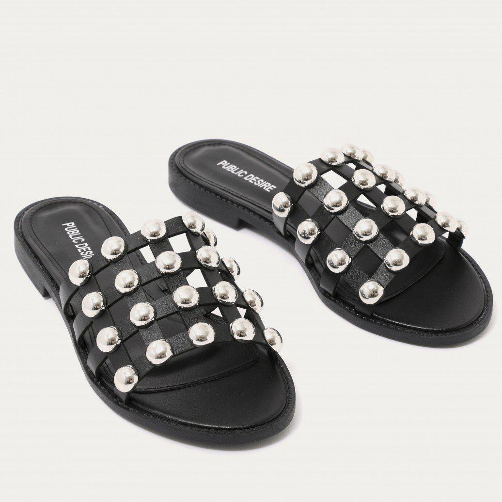 Public Desire Synthetic Pearl Caged Flat Slider Sandals In Black - Lyst