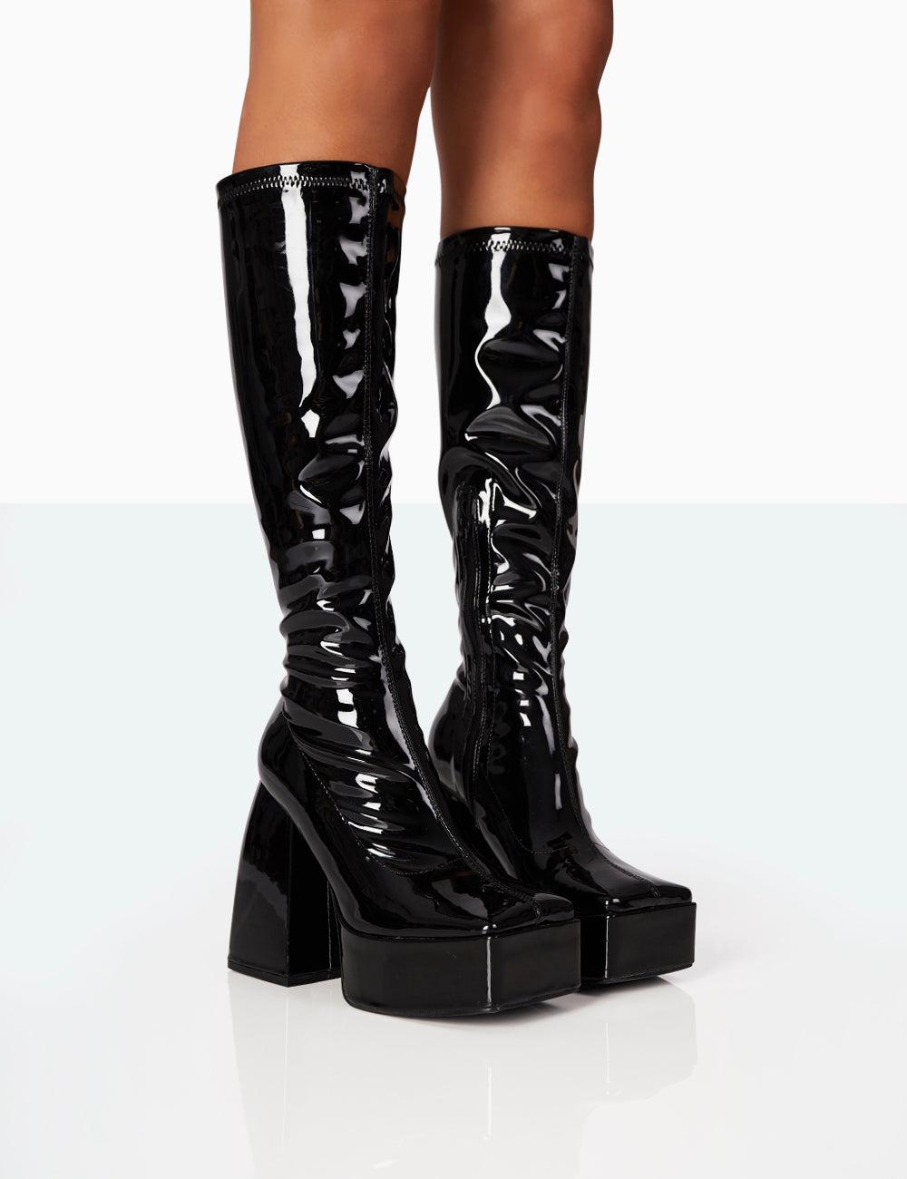 Public Desire Heartbeat Black Patent Pu Chunky Square Toe Platform Block Knee  High Boots | Lyst