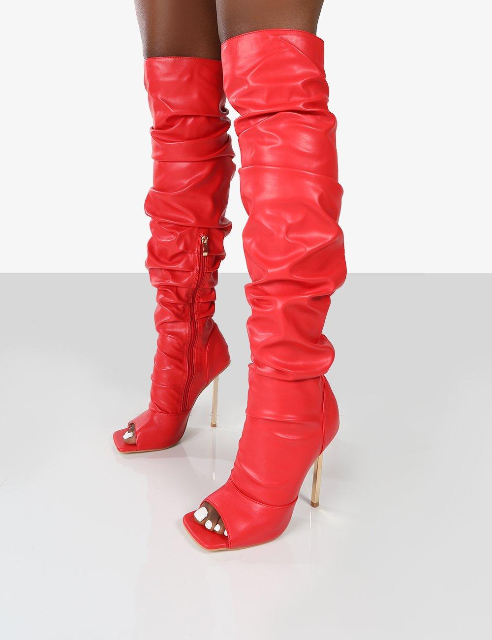 red open toe knee high boots