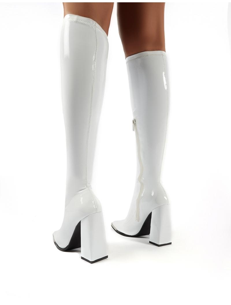 Public Desire Synthetic Caryn White Vinyl Block Heeled Knee High Boots ...
