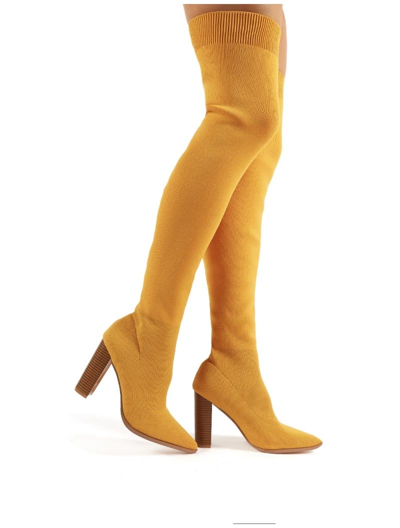 mustard yellow over the knee boots