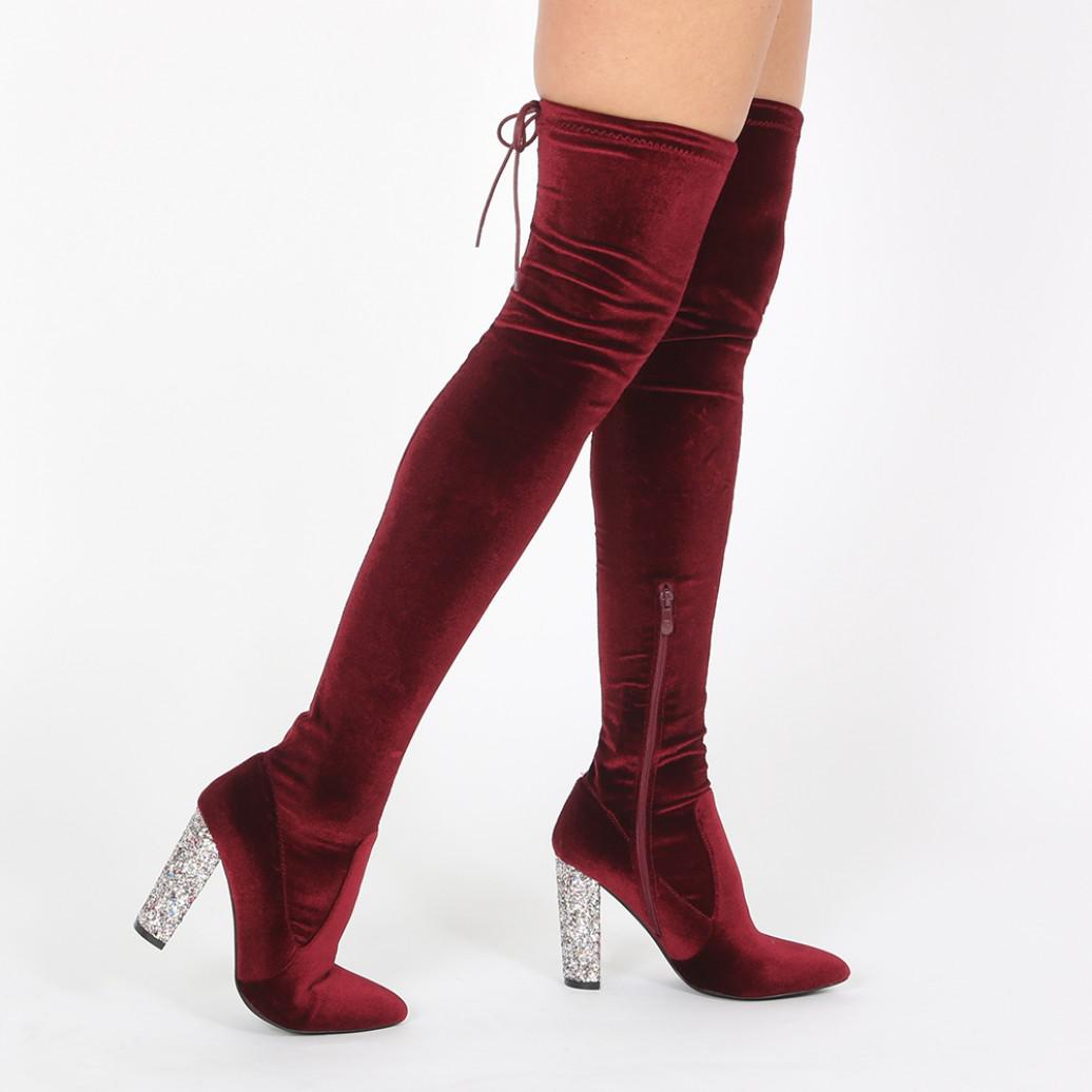 Public Desire Annie Velvet Over The Knee Boots In Bordeaux Glitter Heel ...