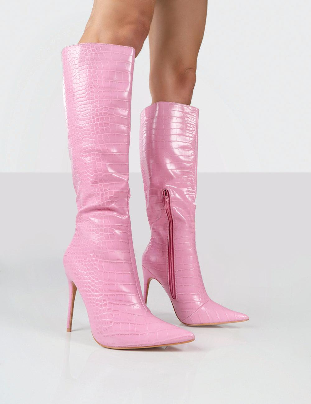 Public Desire Horizon Pink Croc Pu Stiletto Knee High Boots | Lyst