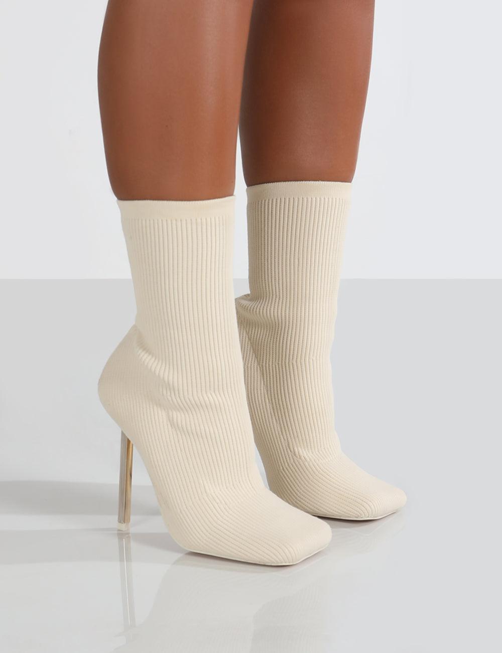 Public Desire Souffle Ecru Knit Stiletto Heel Sock Ankle Boot in Natural |  Lyst