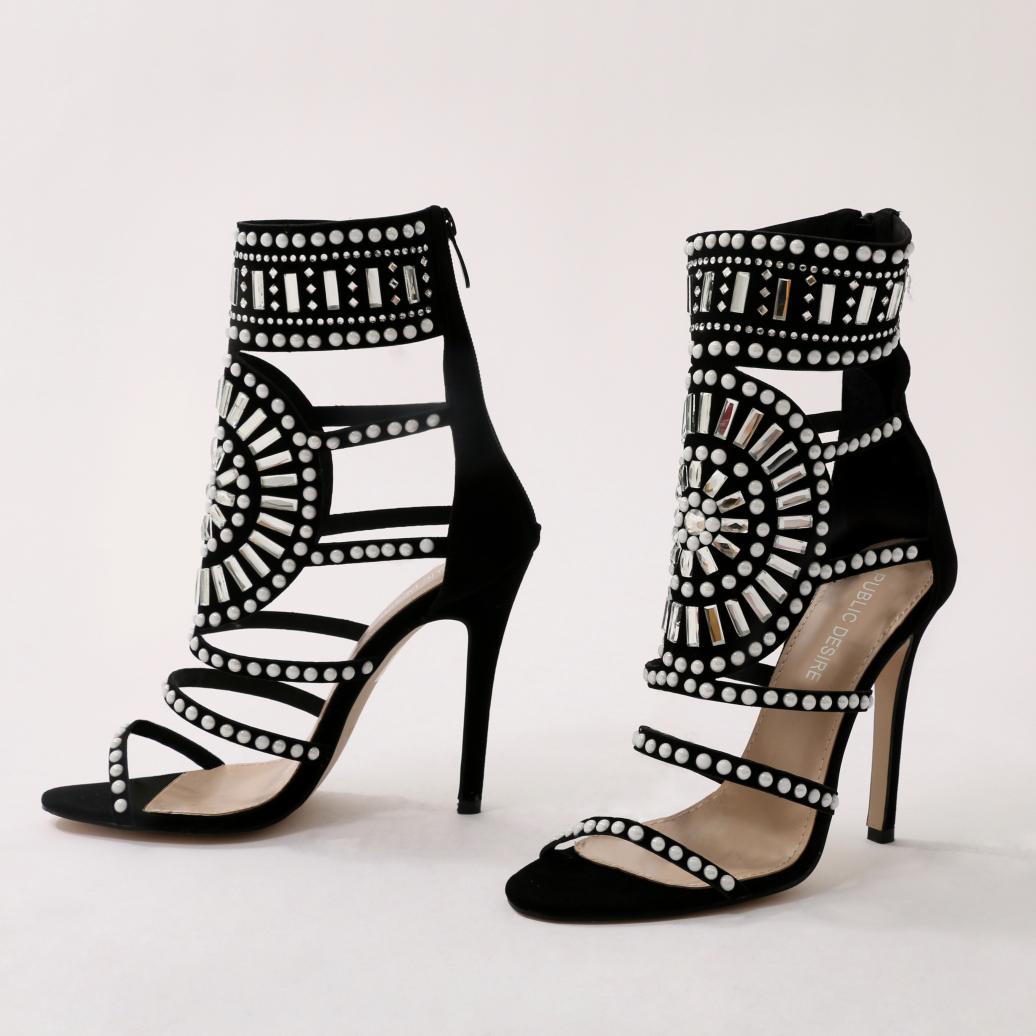 Public Desire Cleopatra Embellished Stiletto Heels In Black Faux Suede ...