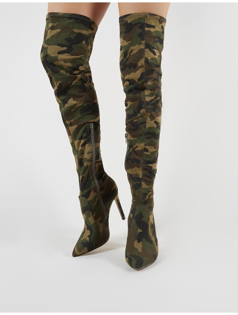 Public Desire Ruthless Over The Knee Boots In Camo Print in Green | Lyst