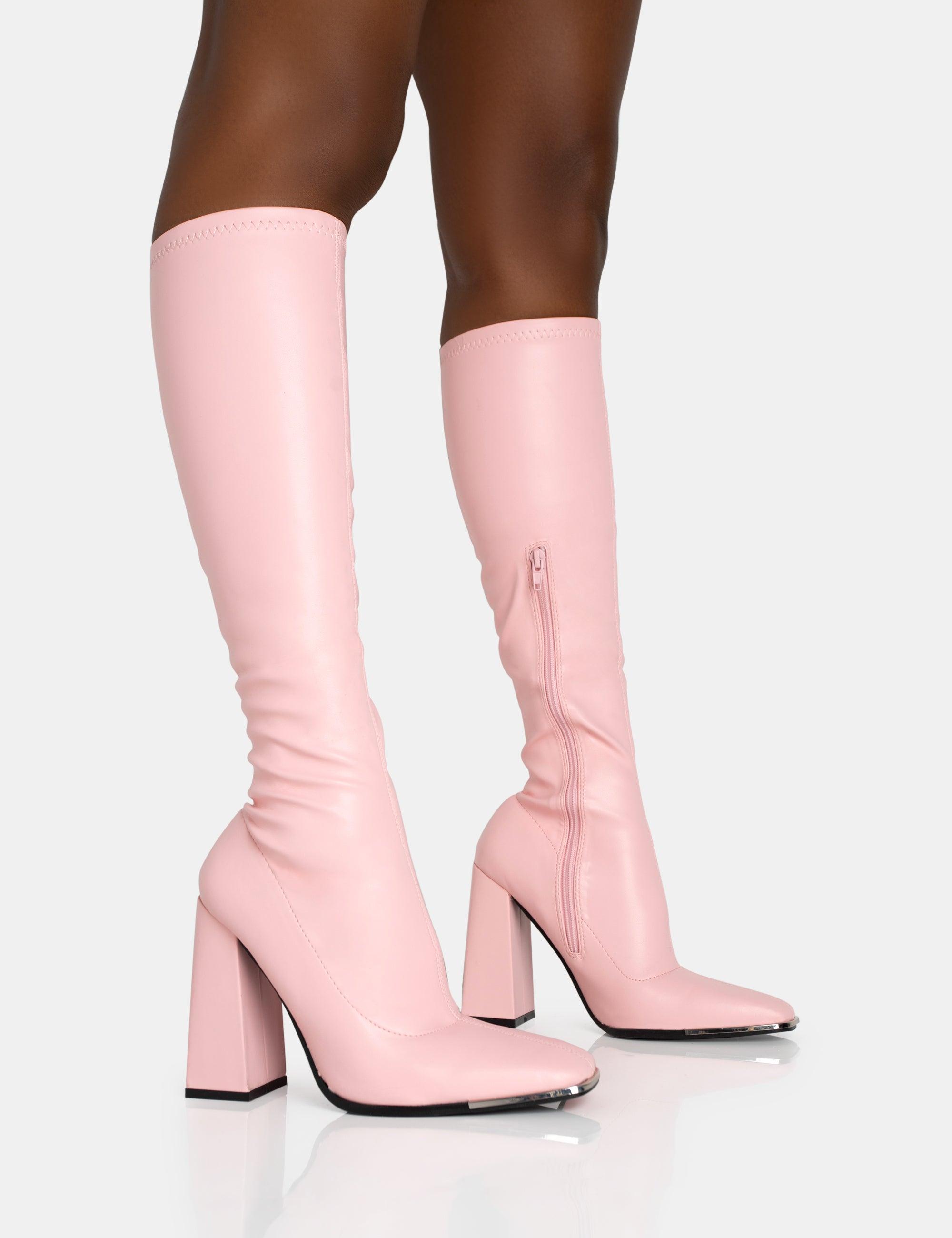 Public Desire Caryn Baby Pink Pu Knee High Block Heeled Boots | Lyst