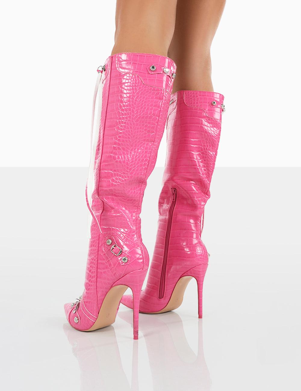 Public Desire Cardi Pink Croc Pointed Toe Zip Detail Knee High Boots | Lyst