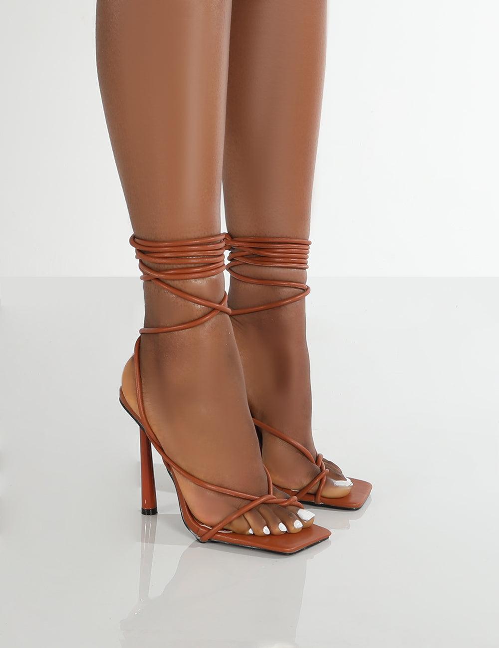 Public Desire Lacey Tan Square Toe Strappy Lace Up Stiletto Heels in Brown  | Lyst UK