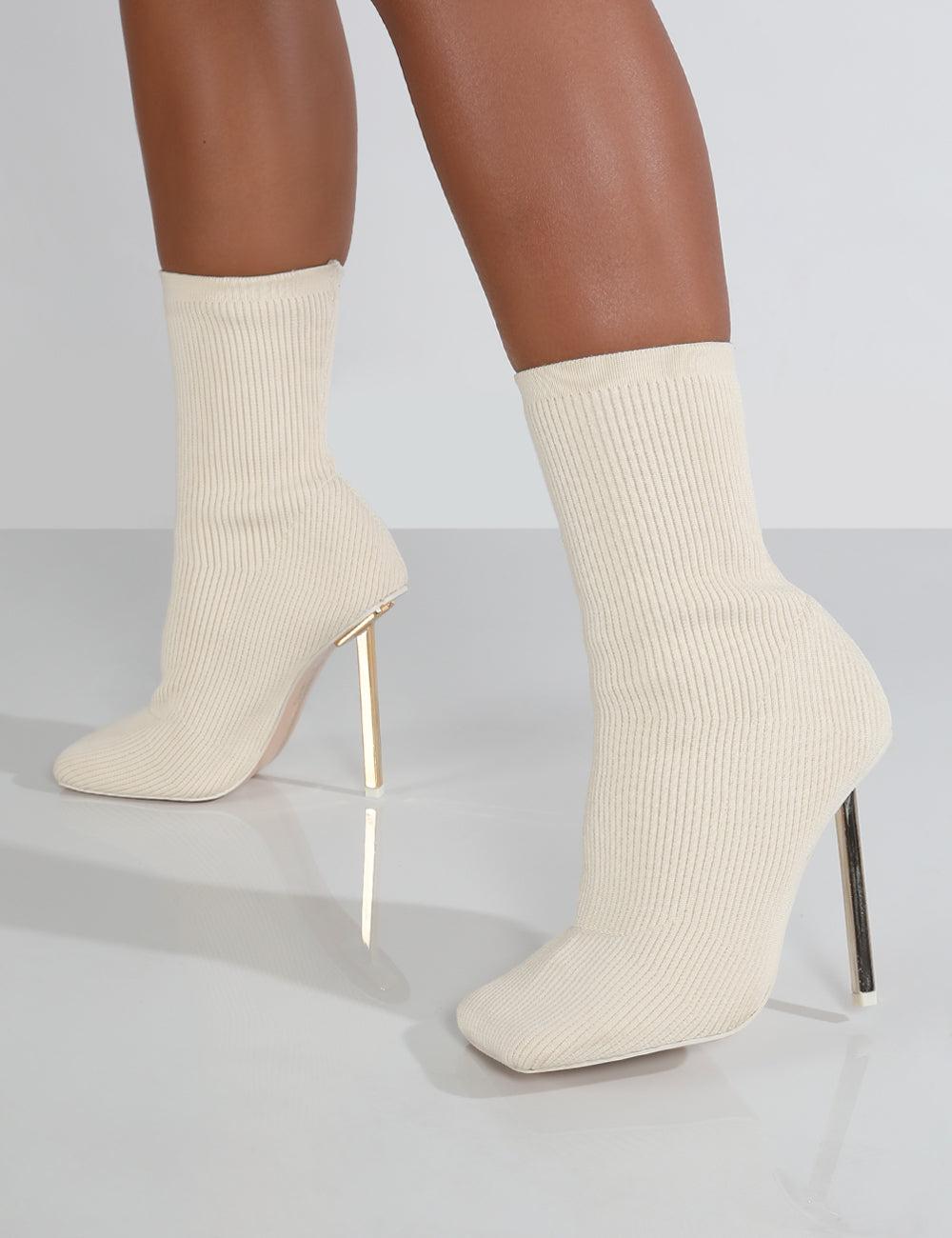 Public Desire Souffle Ecru Knit Stiletto Heel Sock Ankle Boot in Natural |  Lyst