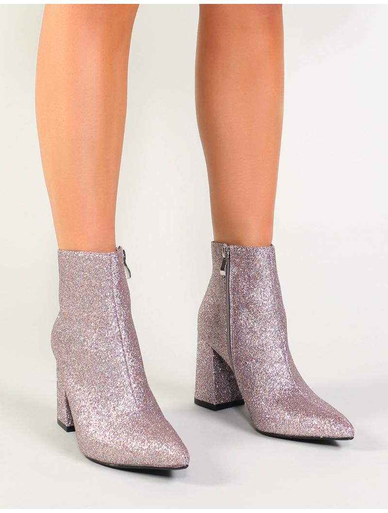 Public Desire Denim Empire Pointed Toe Ankle Boots In Silver Glitter in