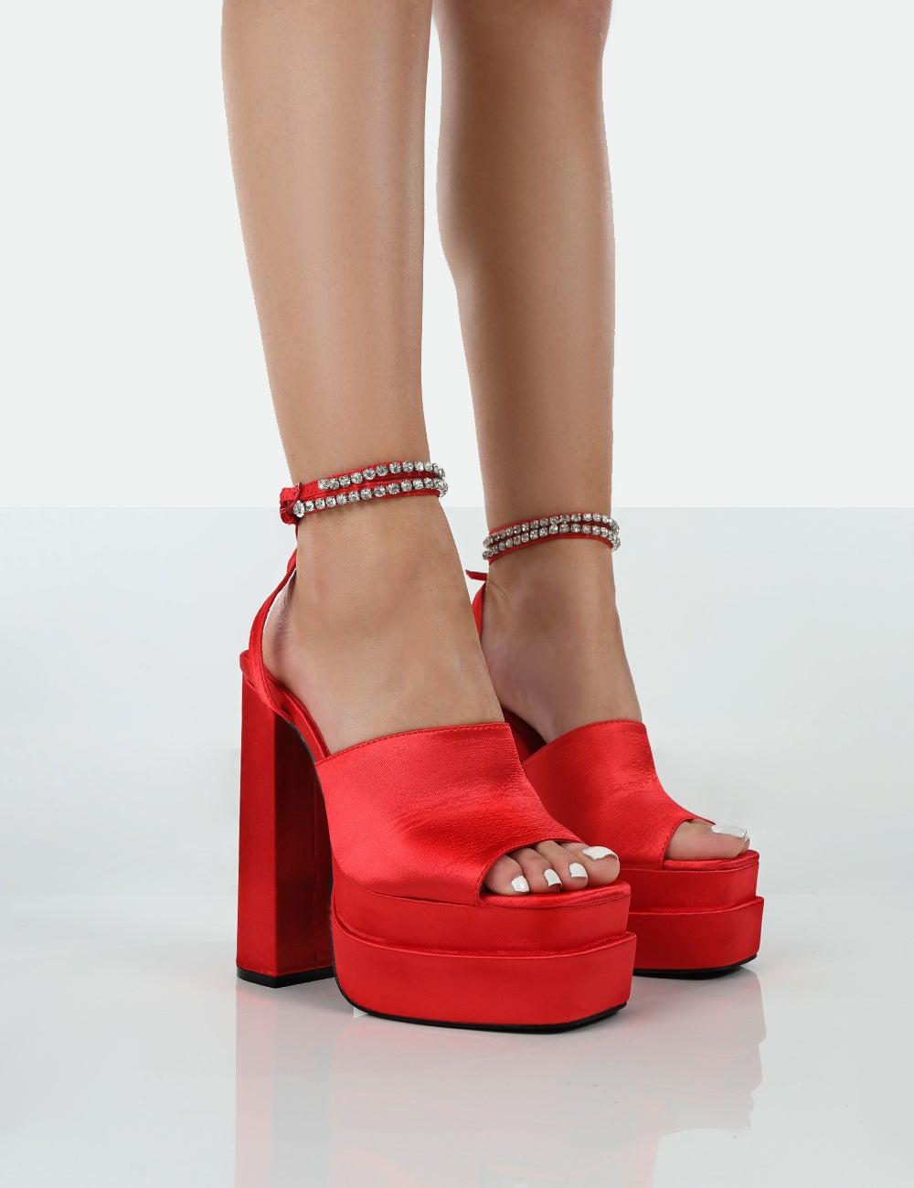red satin block heels