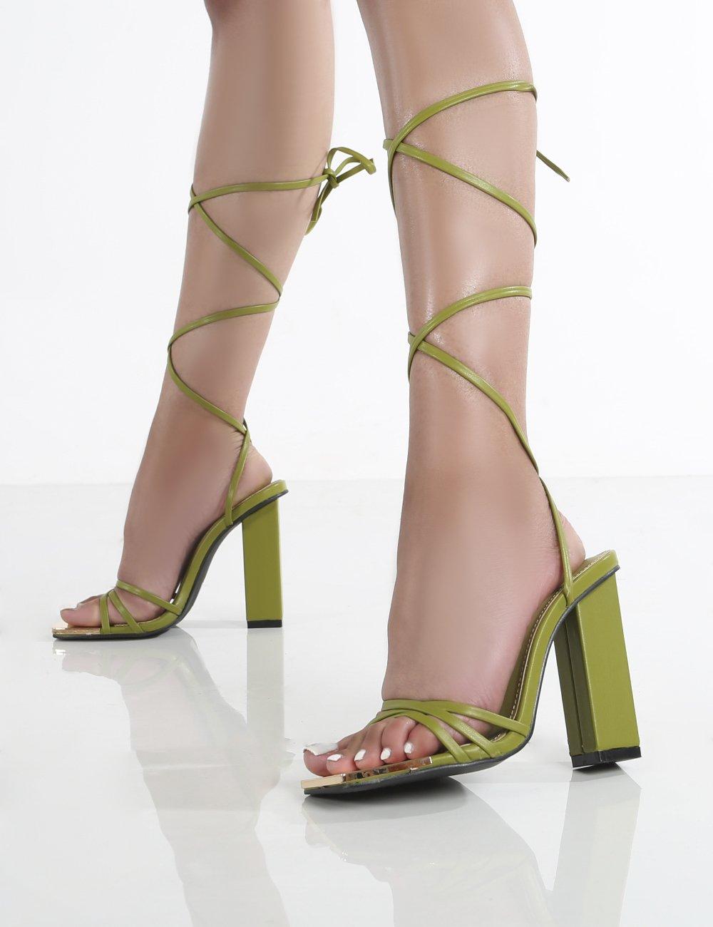 Public Desire Synthetic Amira Olive Green Pu Lace Up Block Heels | Lyst