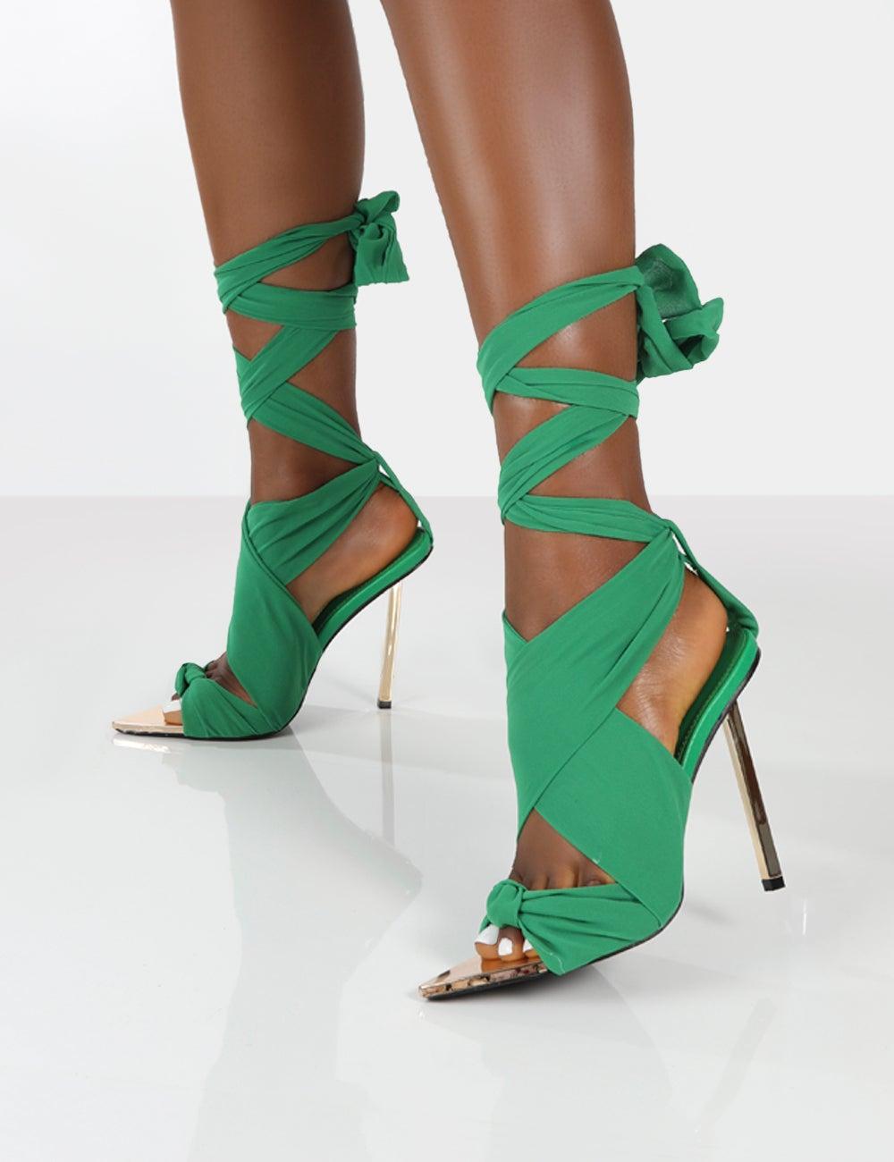 Public Desire Synthetic Huni Green Ribbon Tie Up Gold Stiletto Heels - Lyst