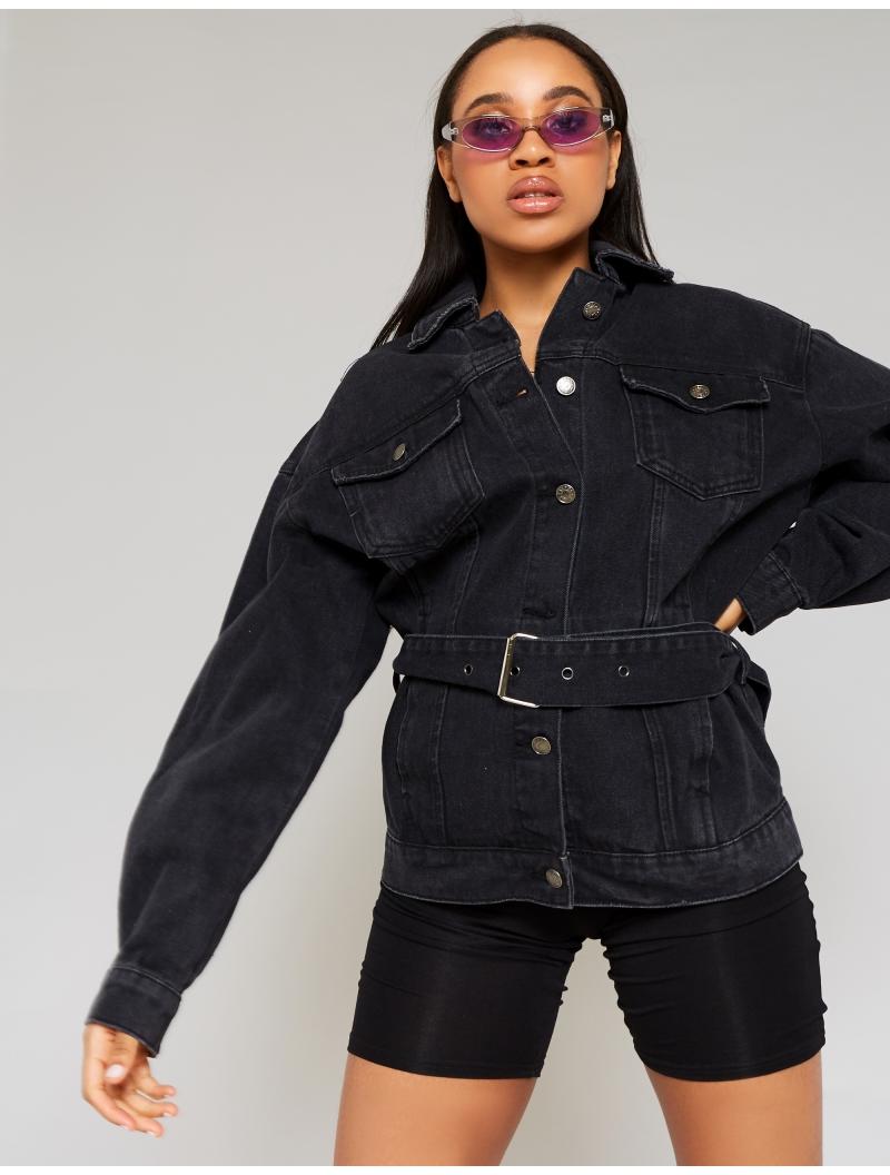 belted denim jacket black