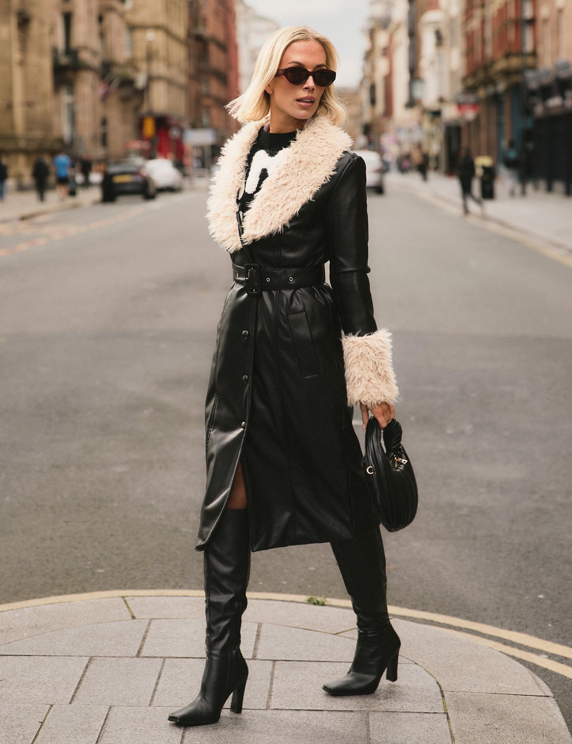 Public Desire Faux Fur Trim Belted Faux Leather Trench Coat Black