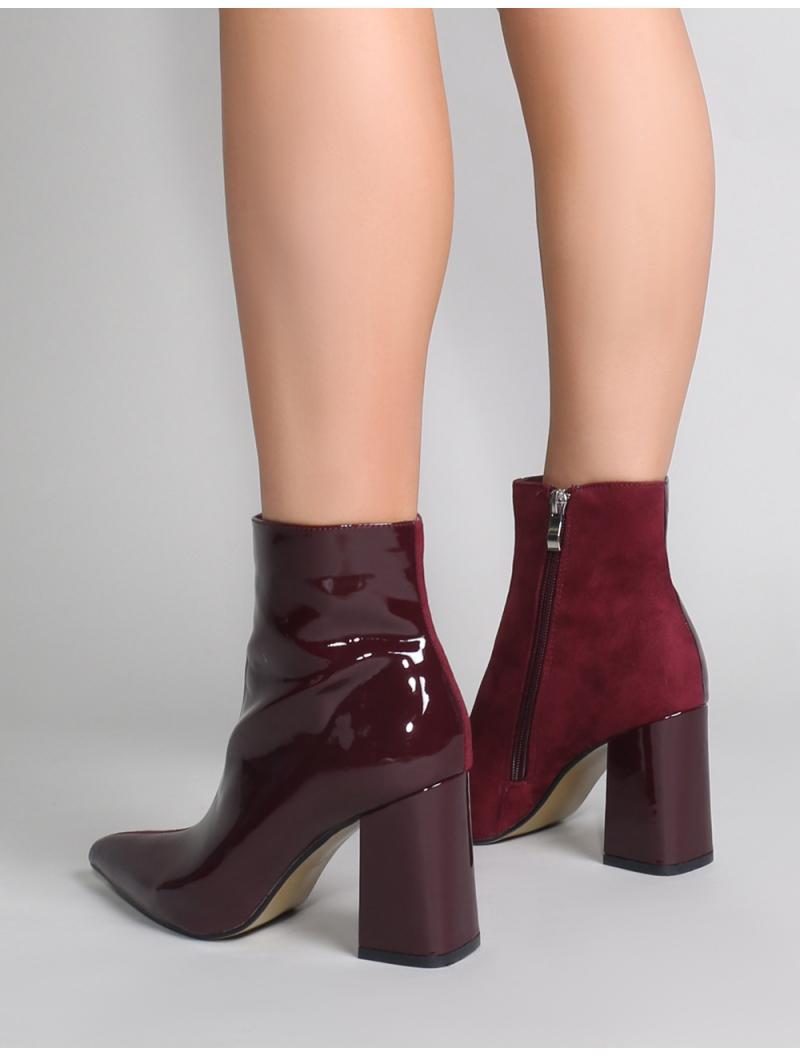 Public Desire Chaos Contrast Pointed Toe Ankle Boots In Burgundy Patent ...