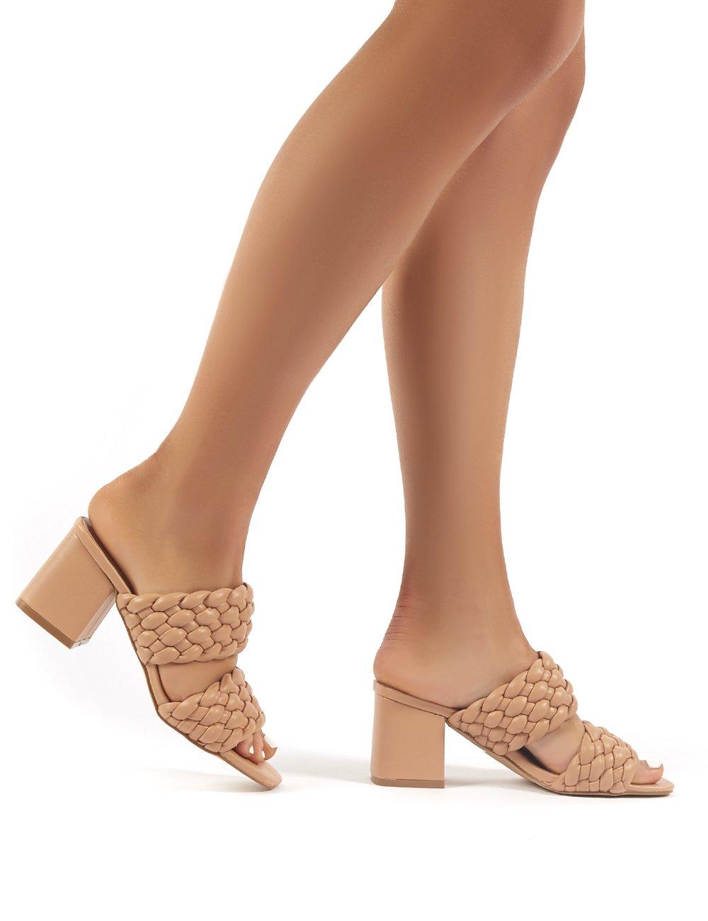 nude mules block heel