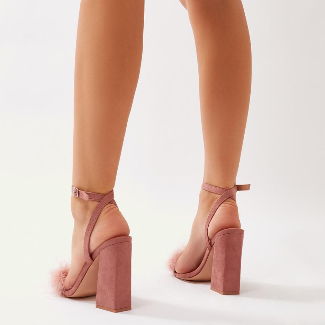 Public Desire Mimi Feather Block Heels In Blush Pink Faux Suede | Lyst