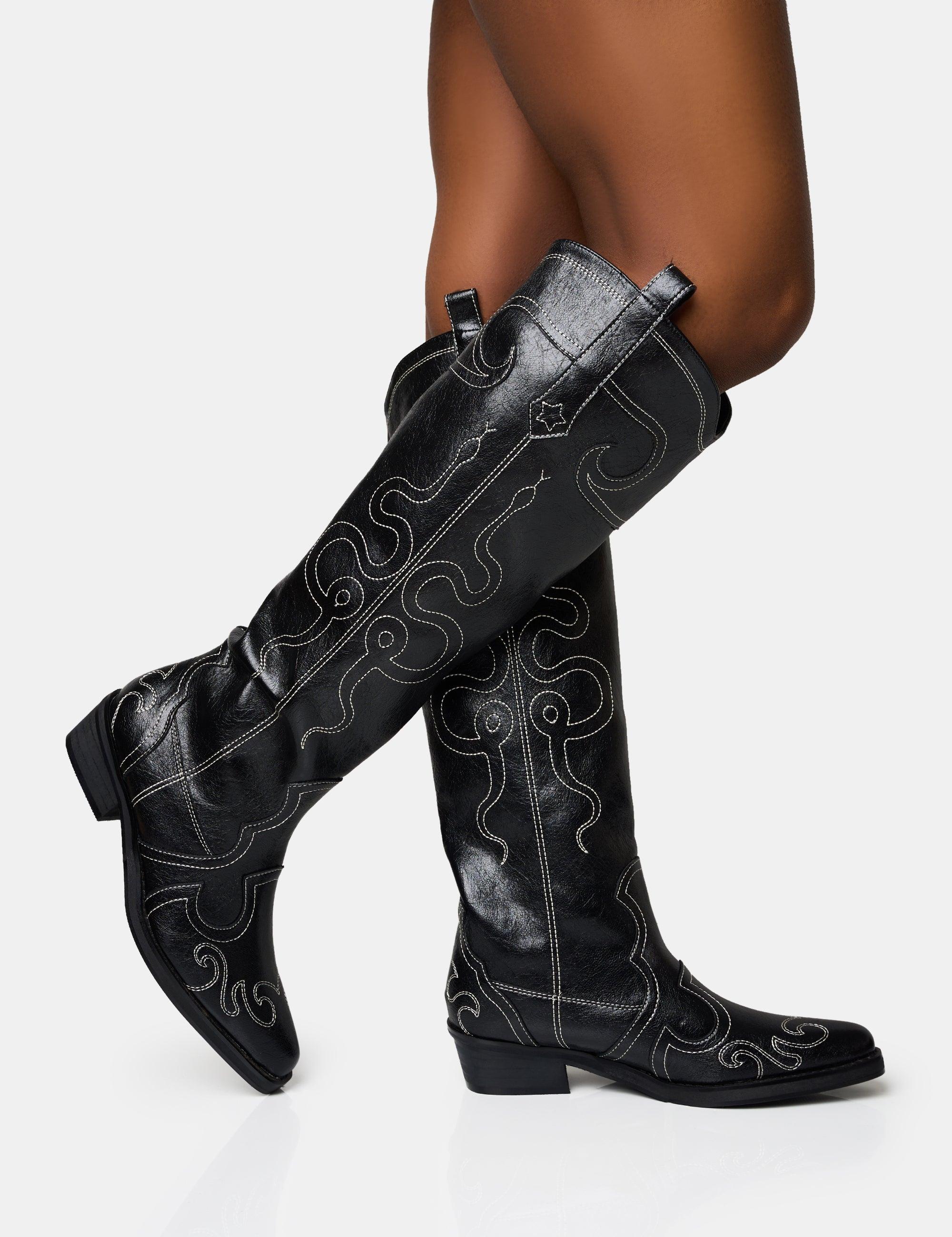 Flat black cowboy boots hotsell
