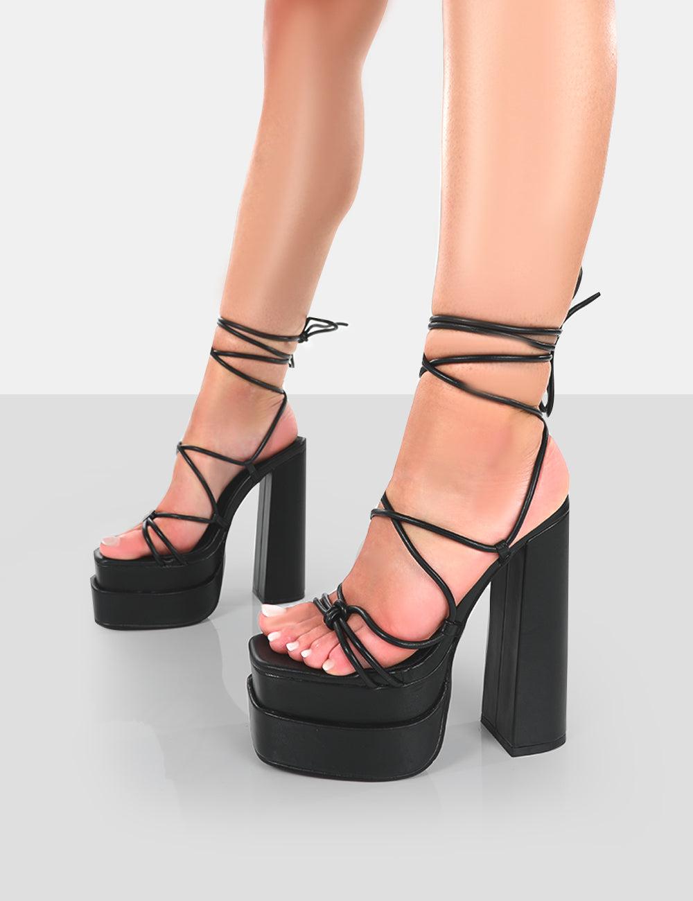 Public Desire Glow Girl Wide Fit Black Pu Lace Up Platform High Heels | Lyst
