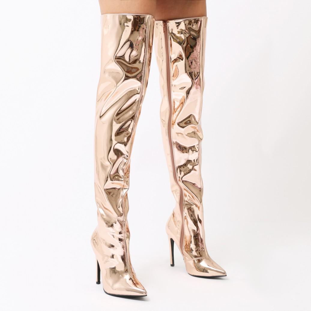 Knee Foil Boots In Rose Gold Metallic 