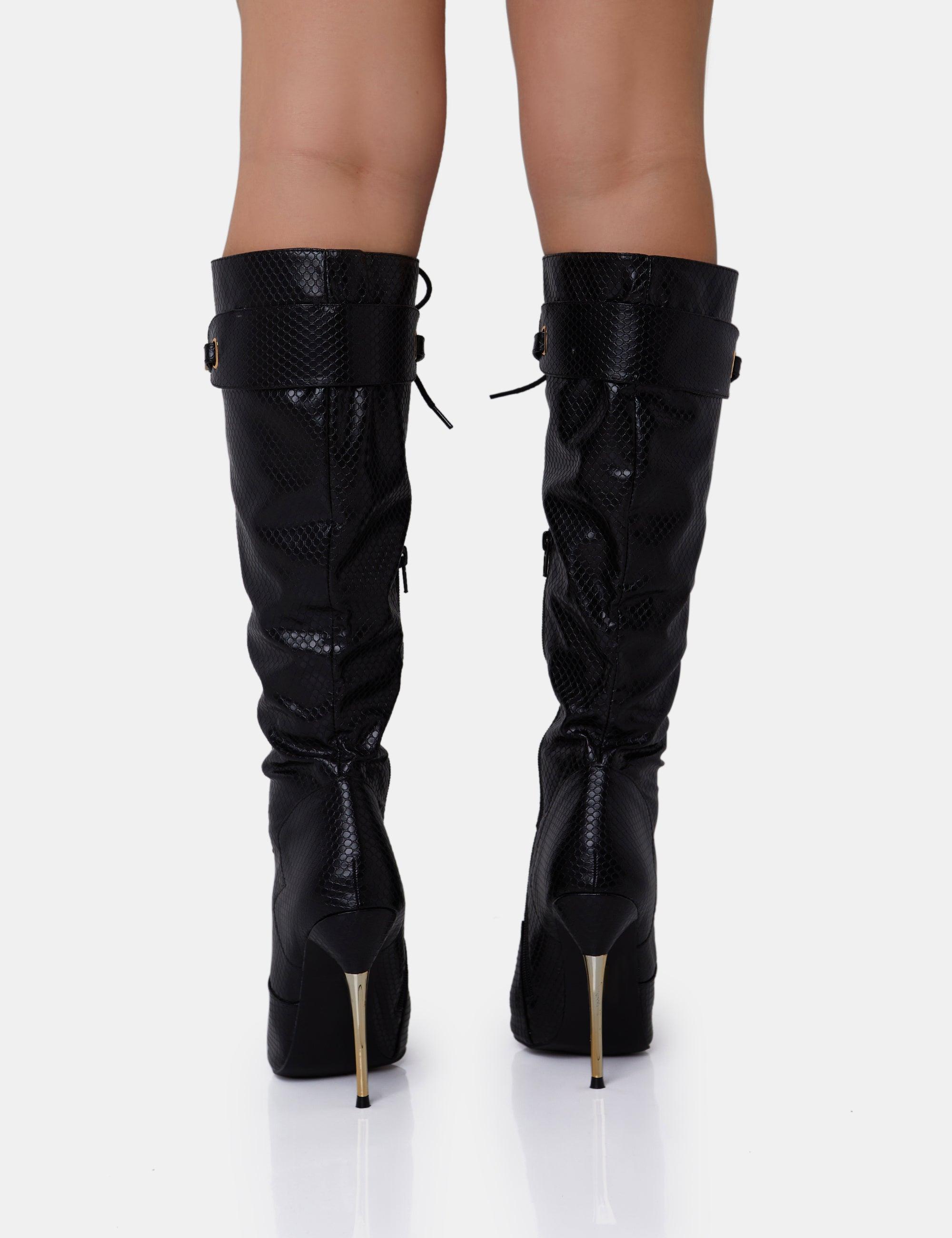 Public Desire Infatuated Black Croc Lace Up Buckle Feature Stiletto Knee High Boots in White Lyst UK