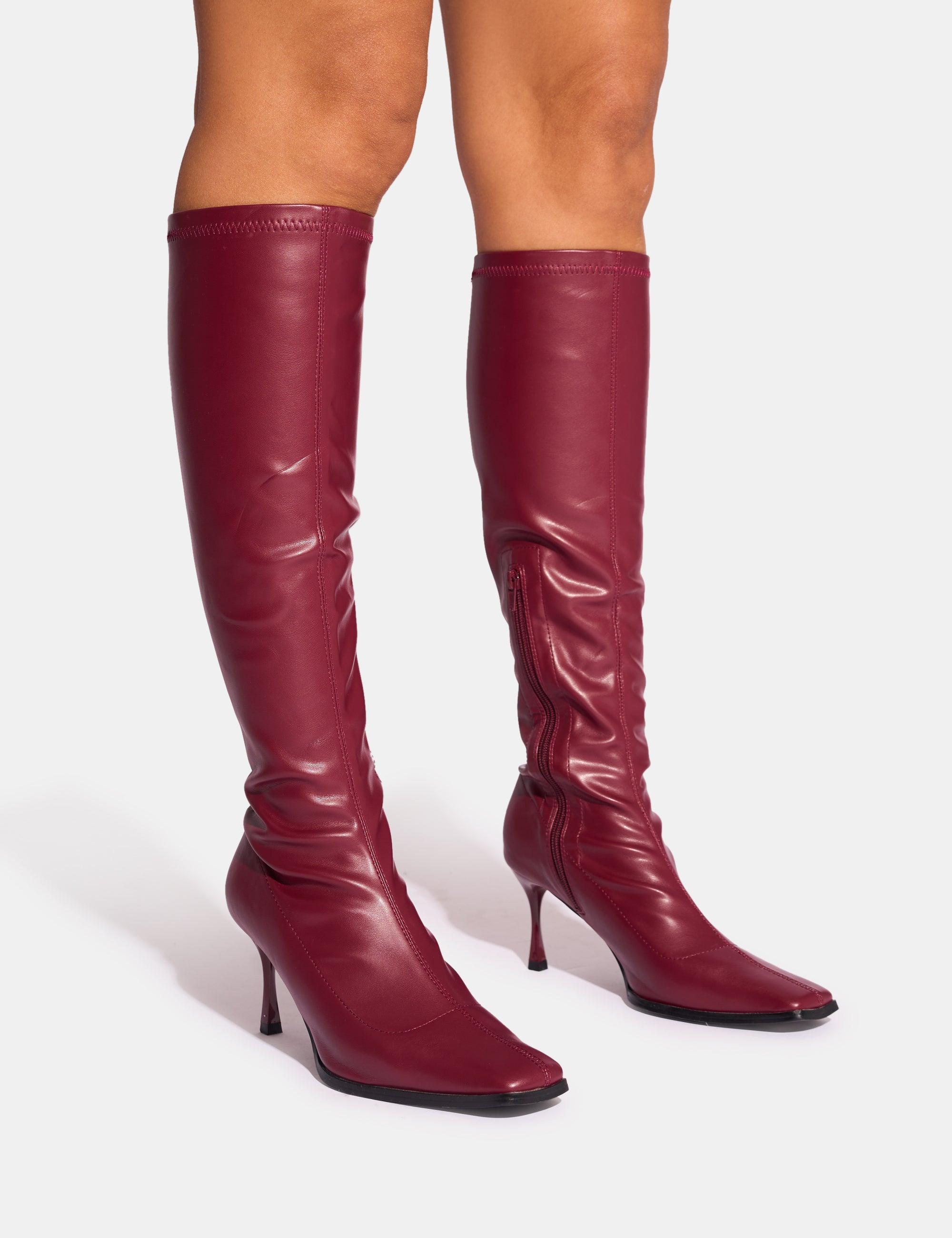 Public Desire Scorpion Burgundy Mid Heel Sock Knee High Boots in Red Lyst UK