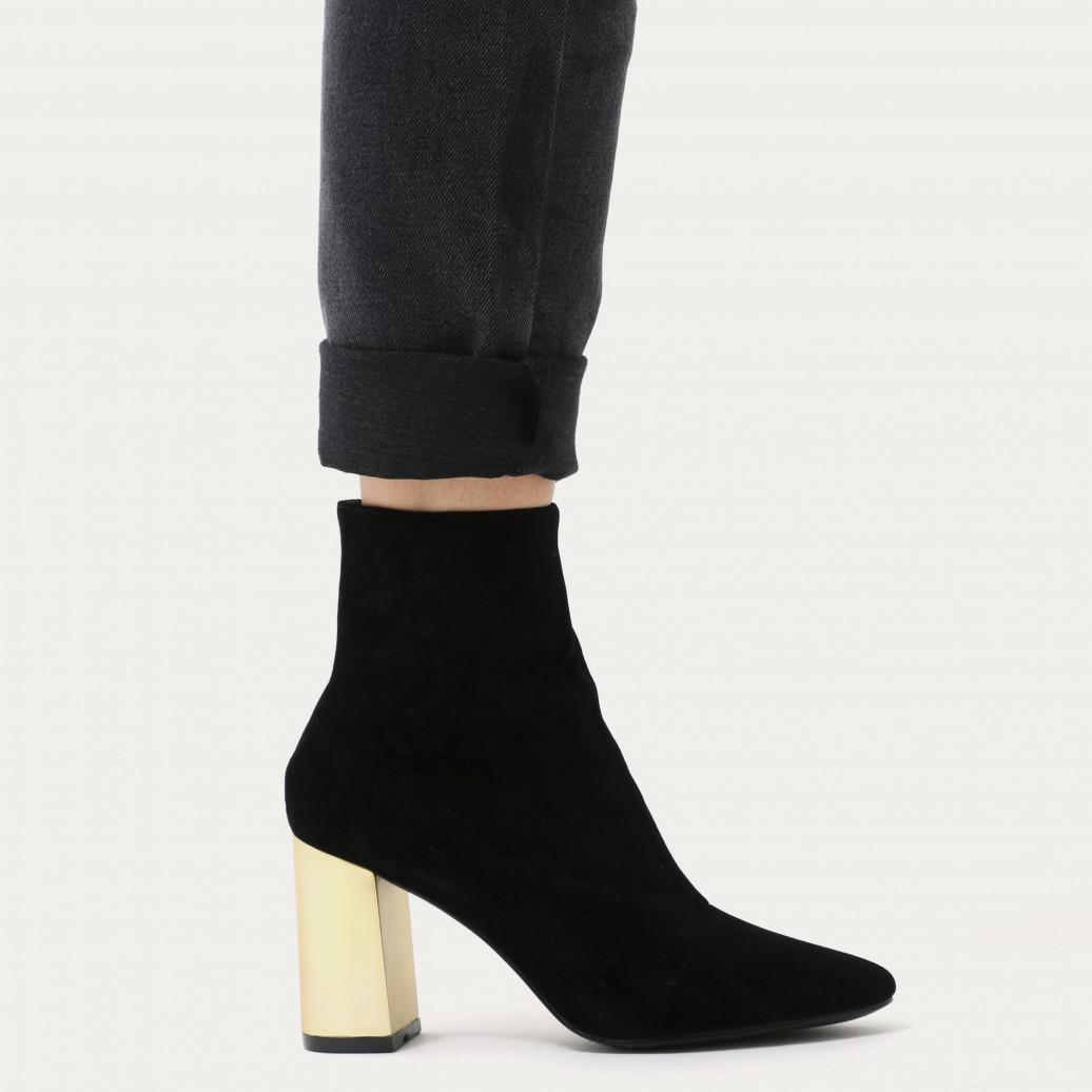 Public Desire Orla Metallic Gold Heel Ankle Boots In Black Faux Suede | Lyst