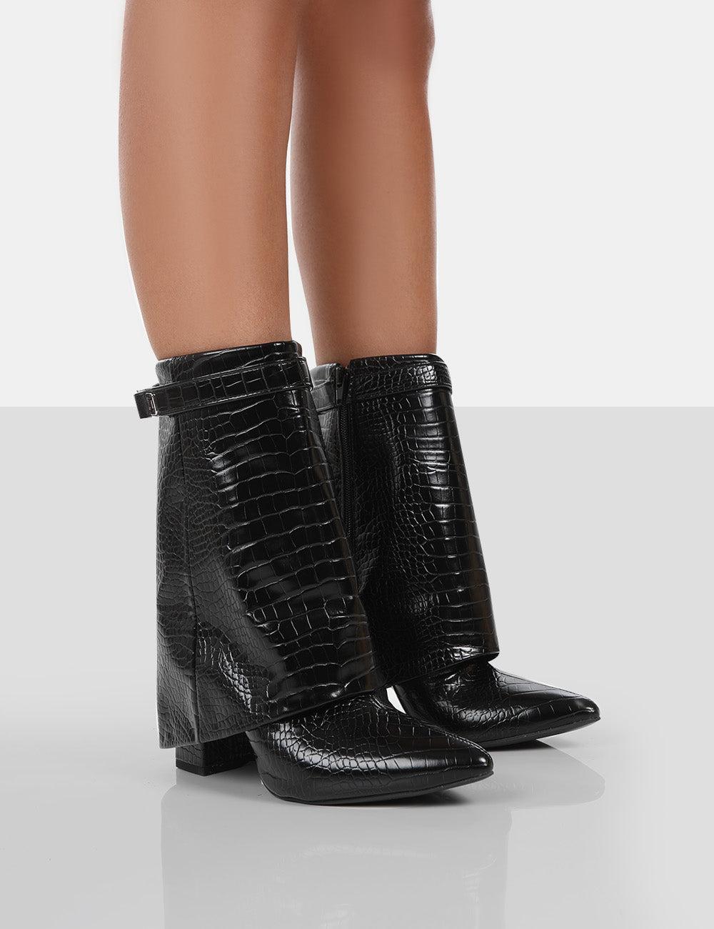 Public Desire Fyre Black Croc Pointed Toe Block Heeled Ankle Boots | Lyst