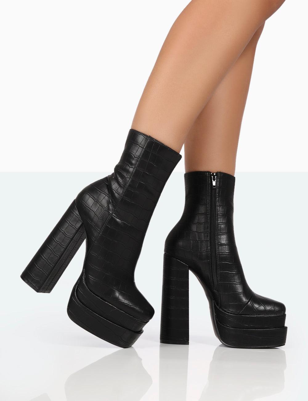 Public Desire Supine Black Patent Croc Chunky Heeled Platform Ankle Boots |  Lyst