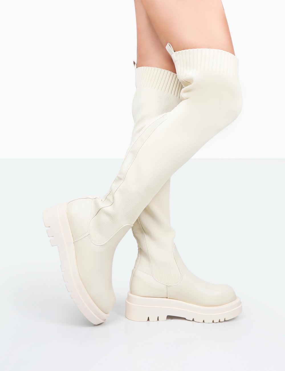 Public Desire New-me Ecru Pu And Knit Over The Knee Chunky Sole Sock Fit  Boots in White | Lyst