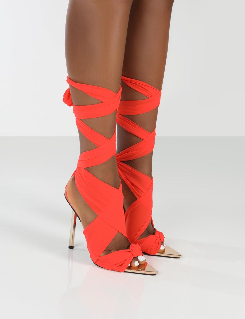 Public Desire Huni Red Ribbon Tie Up Gold Stiletto Heels | Lyst