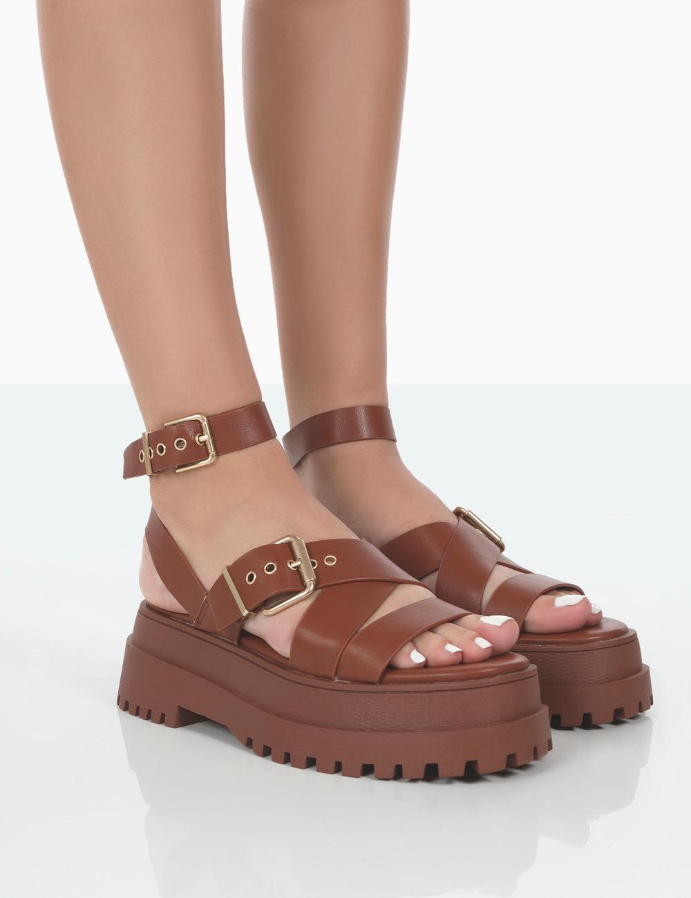 Public Desire Follow Tan Pu Chunky Buckle Sandals in Brown | Lyst