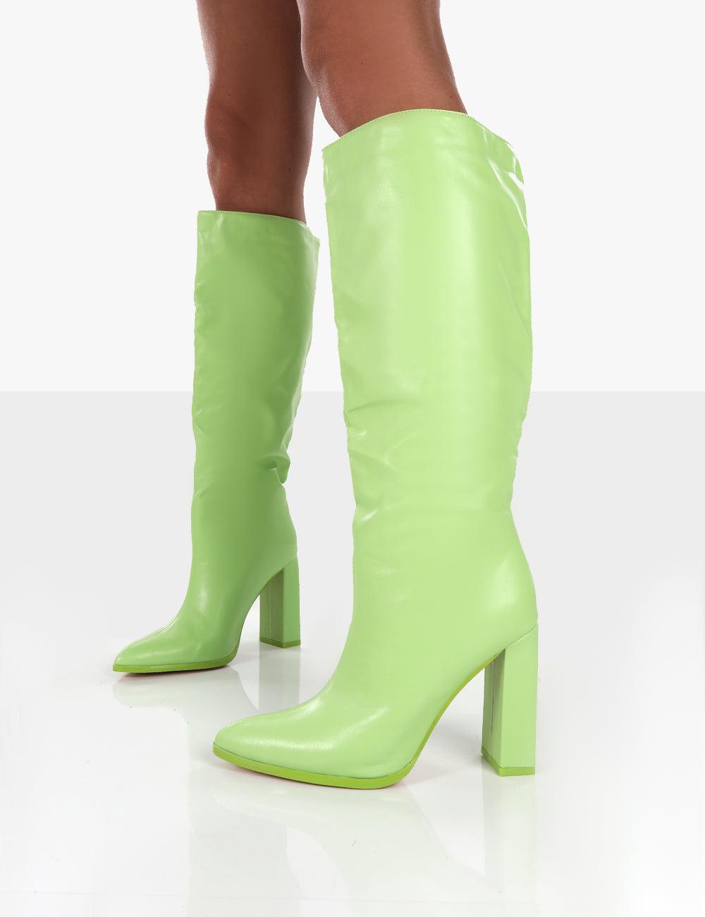 Public Desire Far Away Lime Grain Pu Square Toe Knee High Block Boots in  Green | Lyst