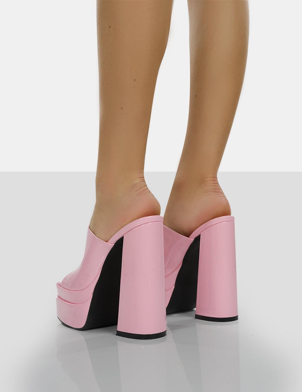 Public Desire Sky High Bubblegum Pink Patent Chunky Platform High Heeled  Mules | Lyst