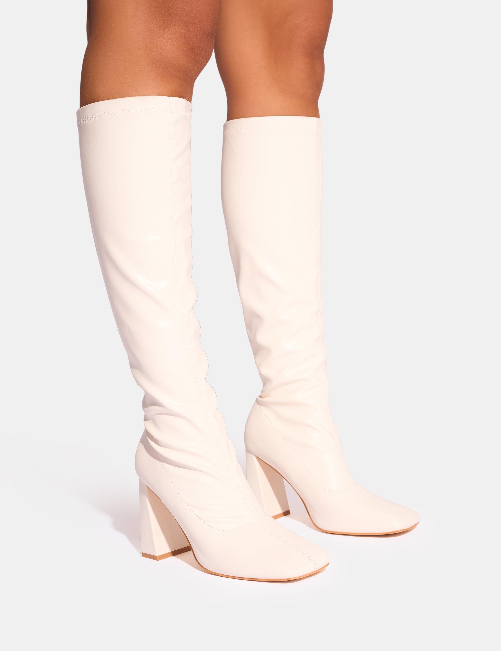 Public Desire Audrina White Pu Block Heel Knee High Sock Boots