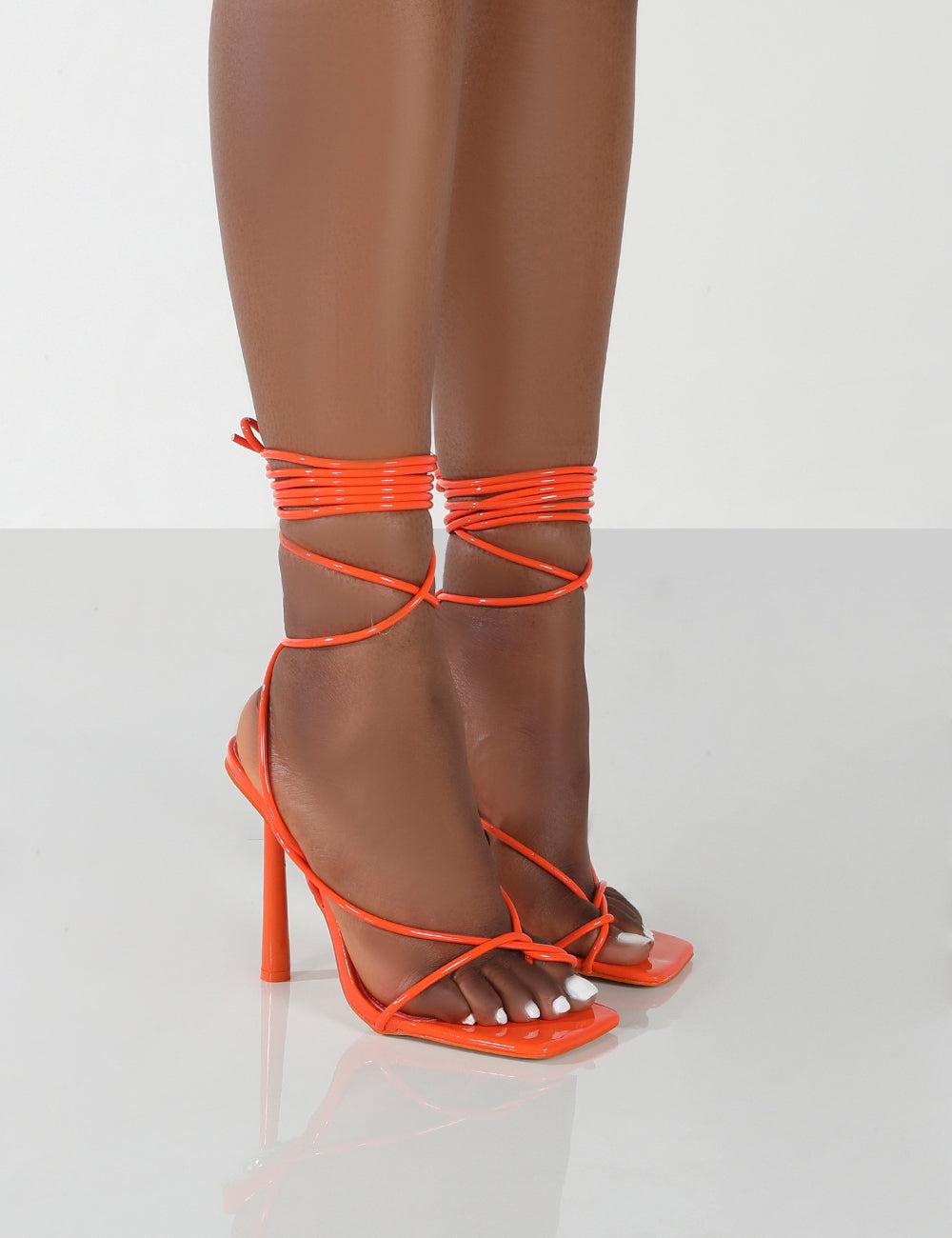 Orange Faux Patent Leather Strappy Square Toe Heel – Linzi