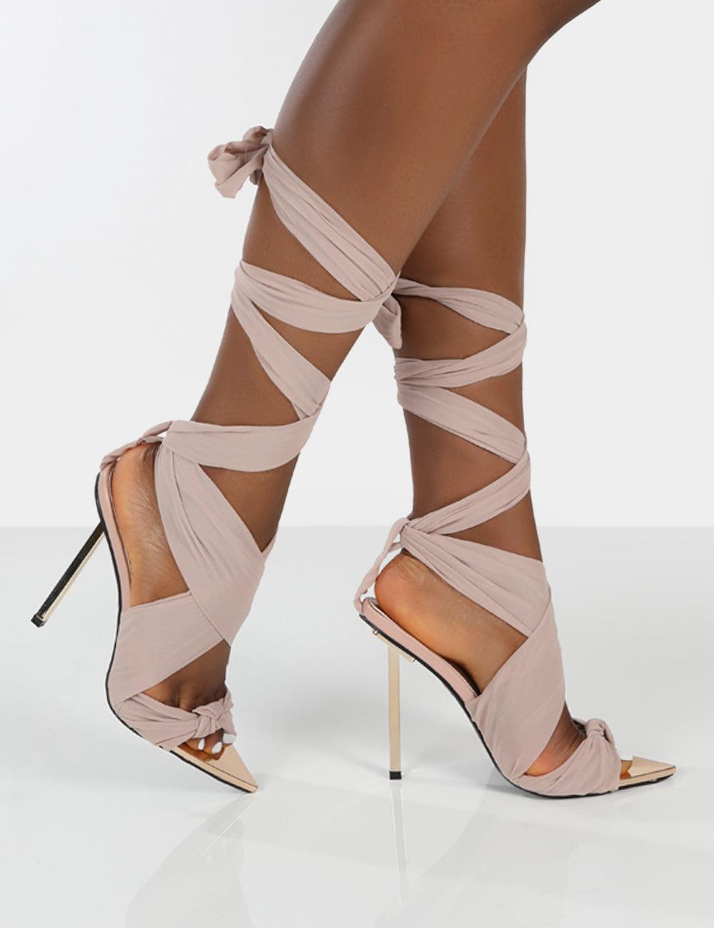 Public Desire Huni ribbon tie up gold stiletto heeled sandals black | ASOS