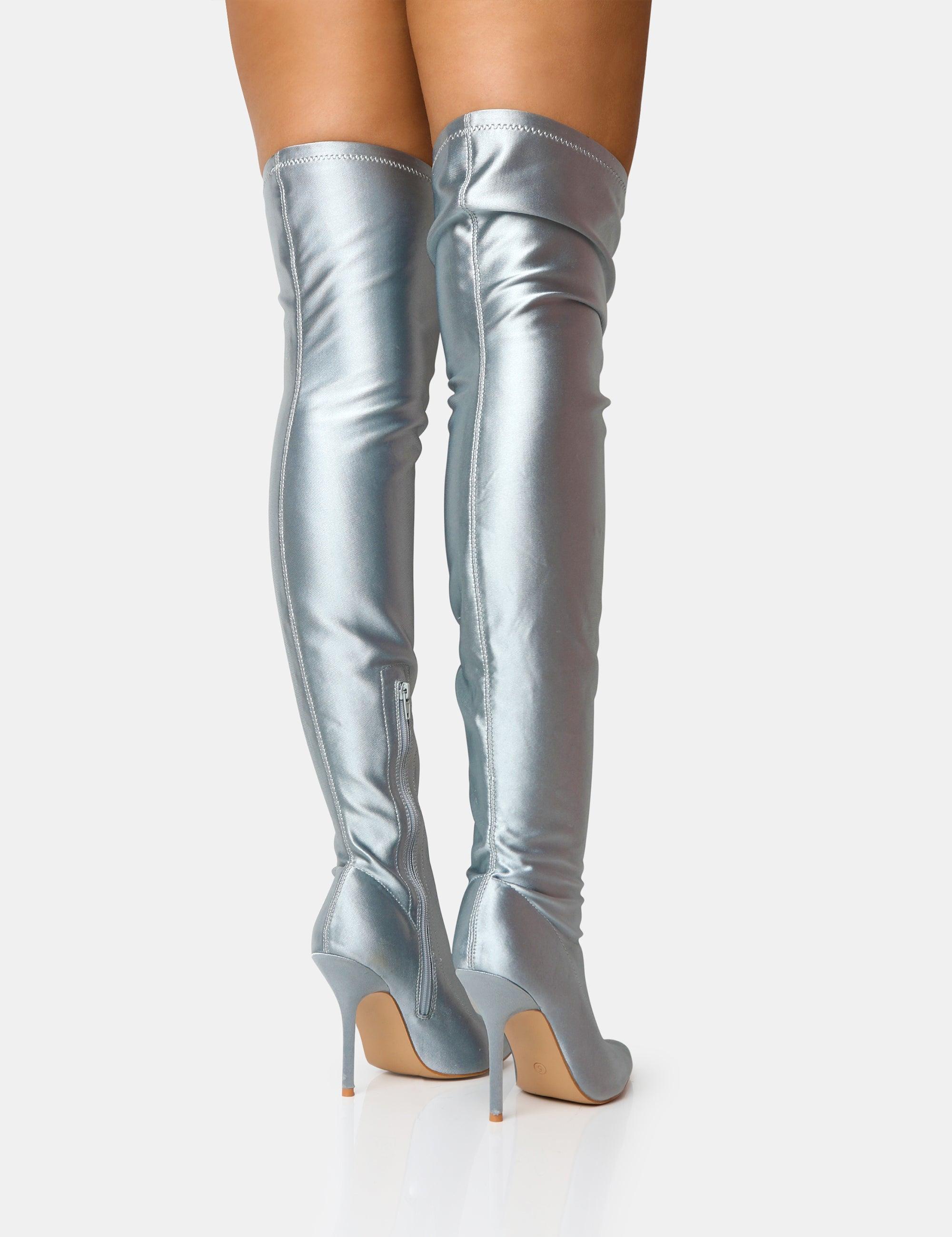 Public Desire Instinct Silver Lycra Pointed Toe Stiletto Thigh High Boots in  Pink | Lyst