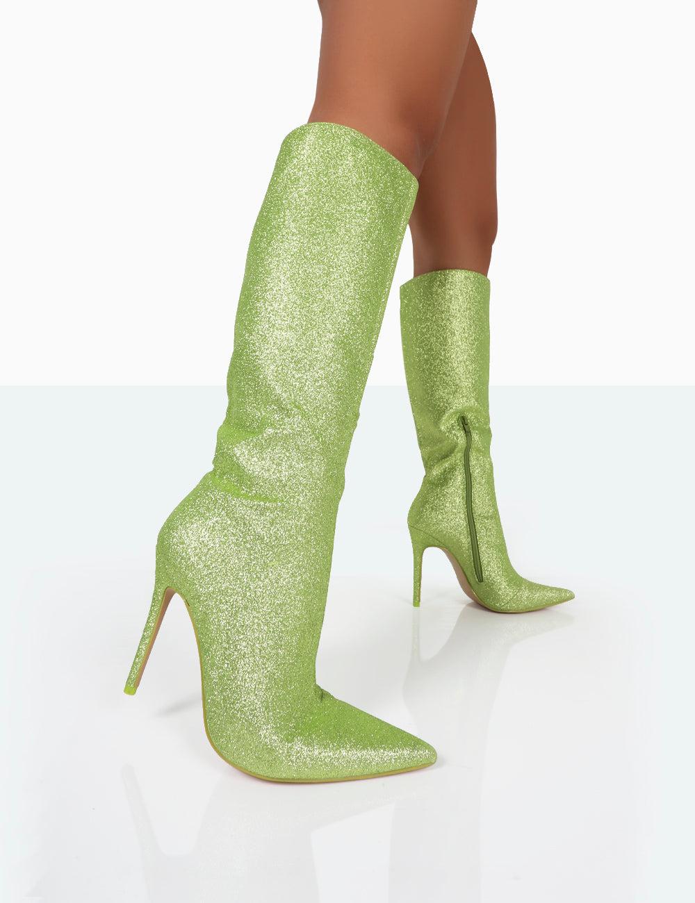 Public Desire Diva Lime Glitter Pointed Toe Stiletto Knee High Boots in  Green | Lyst