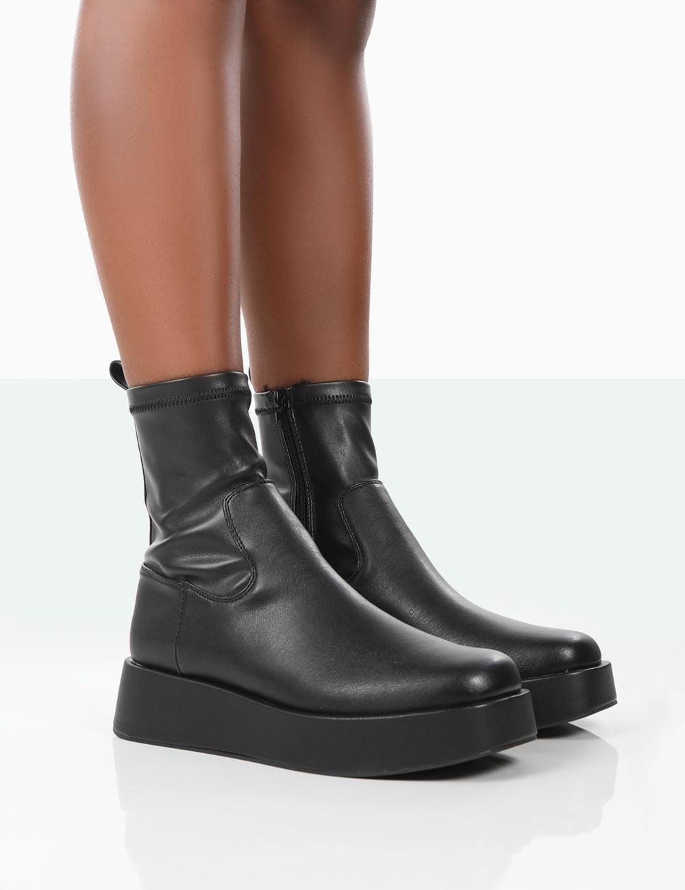 Public Desire Not Okay Black Pu Chunky Sole Platform Sock Ankle Boots | Lyst