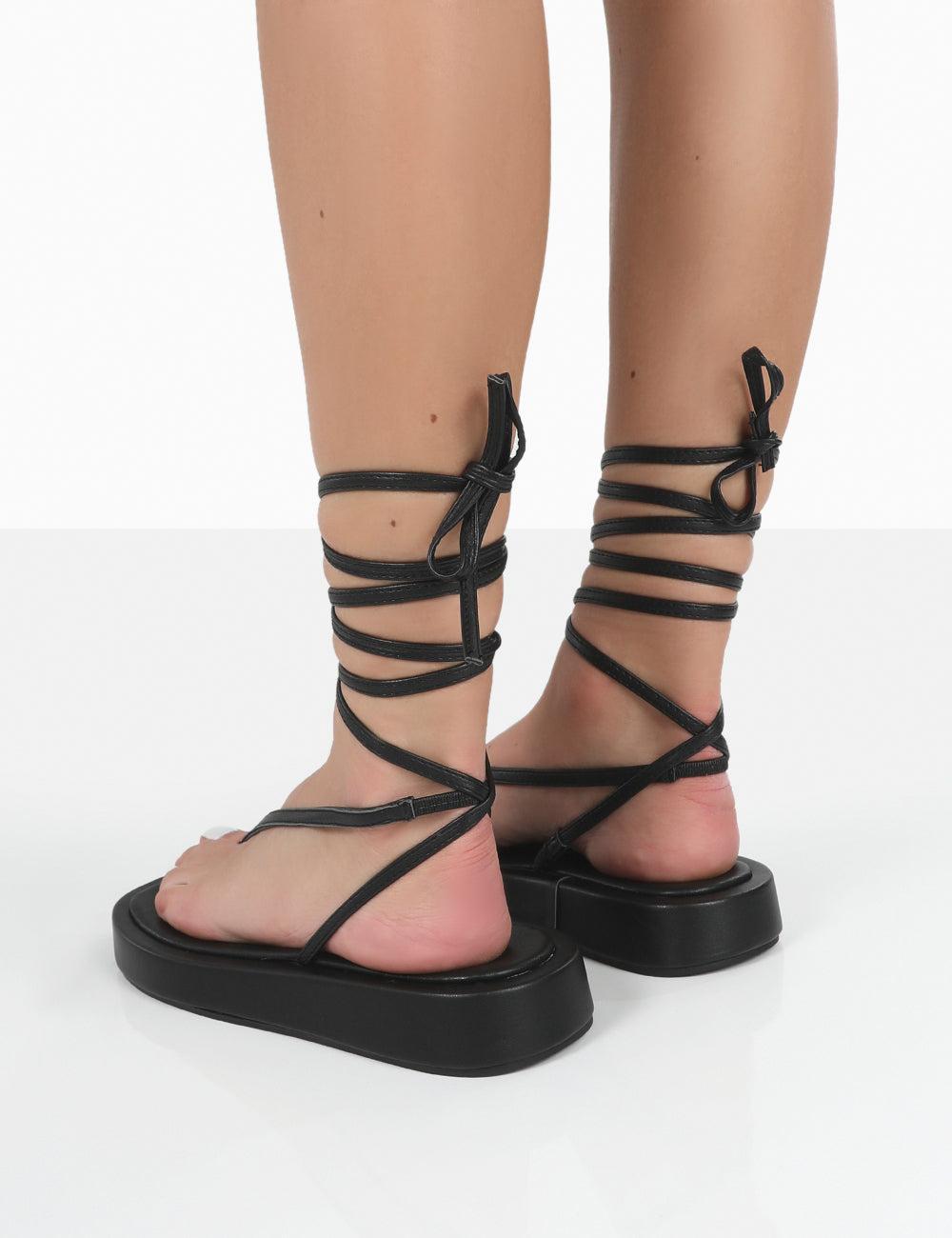 Public Desire Beach Babe Black Lace Up Toe Thong Flatform Sandals | Lyst