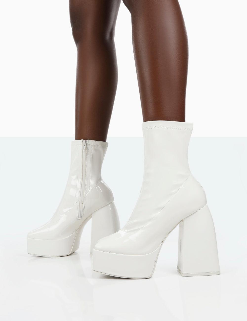 Public Desire Own Thing Wide Fit White Patent Chunky Square Toe Platform  Heel Block Ankle Boots | Lyst