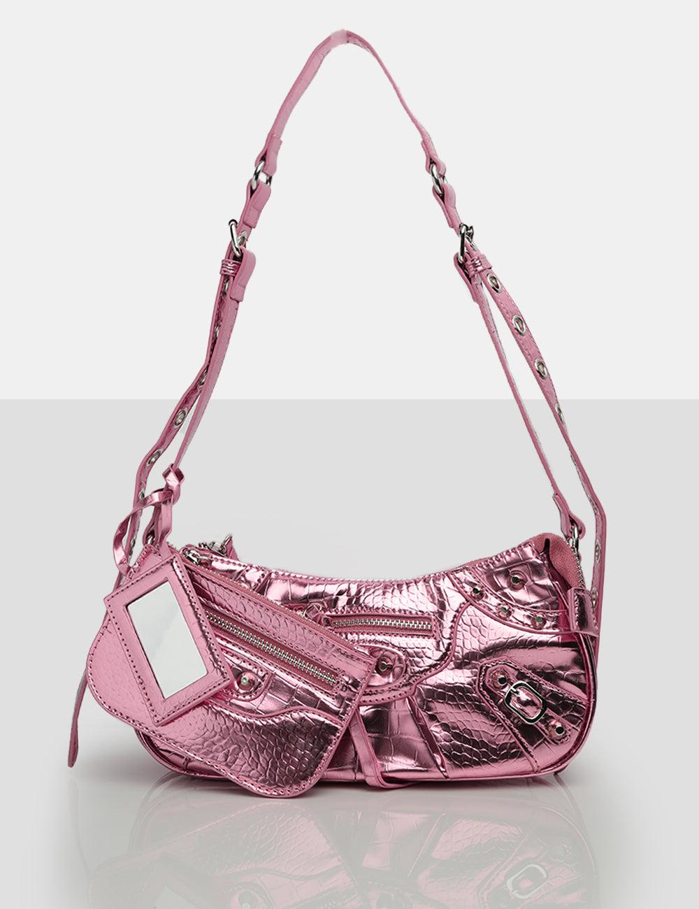 Public Desire The Trackstar Metallic Pink Pu Studded Mirror Zip Detail  Handbag | Lyst
